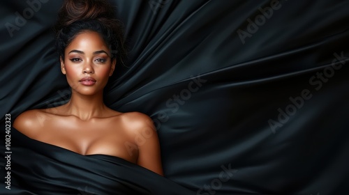 A woman wrapped in luxurious black satin fabric, gazing with a serene expression, conveying a sense of elegance and tranquility, captured in a close-up shot.