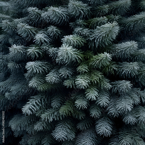 Fir branches covered with frost abstract background. Square composition.