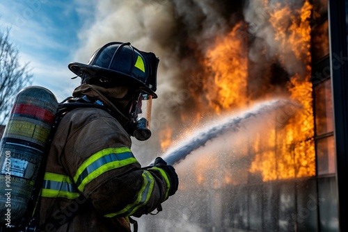 A firefighter battling flames in a burning office building, dramatic action shot, smoke swirling around, bright flames illuminating the scene, close-up on heroism 2