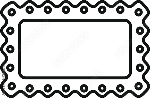 Simple line drawing of a blank rectangular postage stamp featuring a wavy border and circular perforations
