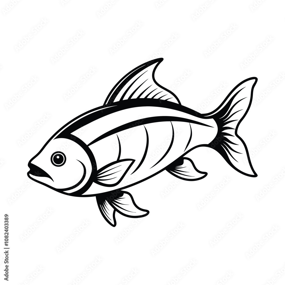 rui, rohu fish vector design, labeled line art and linocut silhouette illustration. rui, rohu fish vector design, labeled line art and linocut silhouette illustration.