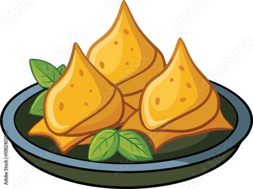 Illustration of a plate of traditional Indian samosas in flat style