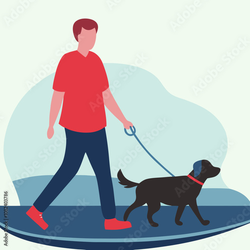 Man walking with a black dog happily on a sunny day in the park
