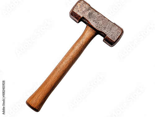 Axe with wooden handle and worn metal blade, close-up photo showing detailed texture & branding element on metal head photo