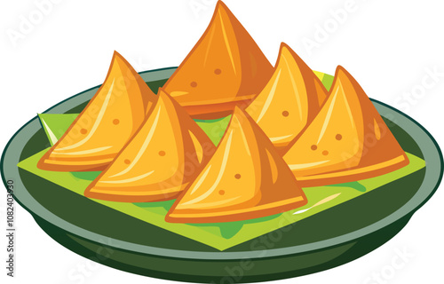 A plate of samosa with a white background.