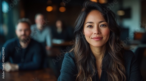 A professional woman confidently stands in focus, while colleagues are blurred in the background during a business meeting, emphasizing leadership and teamwork.