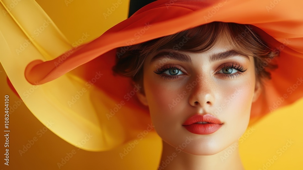 A stylish woman wearing an eye-catching hat poses against a bright yellow background, displaying sophistication and beauty in a visually striking composition. A stylish woman wearing an eye-catching hat poses against a bright yellow background, displaying sophistication and beauty in a visually striking composition.