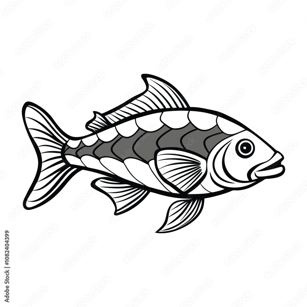 rui, rohu fish vector design, labeled line art and linocut silhouette illustration.