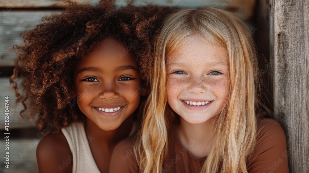 Two diverse kids with joyful expressions on their faces, one with curly hair and another with freckles, capturing the essence of pure, beaming childhood happiness. Two diverse kids with joyful expressions on their faces, one with curly hair and another with freckles, capturing the essence of pure, beaming childhood happiness.