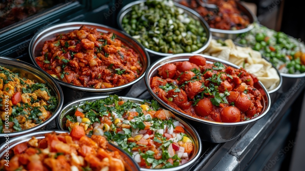 An array of vibrant and spicy dishes displayed in metal bowls, showcasing a delicious compilation of flavors and colors in a captivating food presentation. An array of vibrant and spicy dishes displayed in metal bowls, showcasing a delicious compilation of flavors and colors in a captivating food presentation.