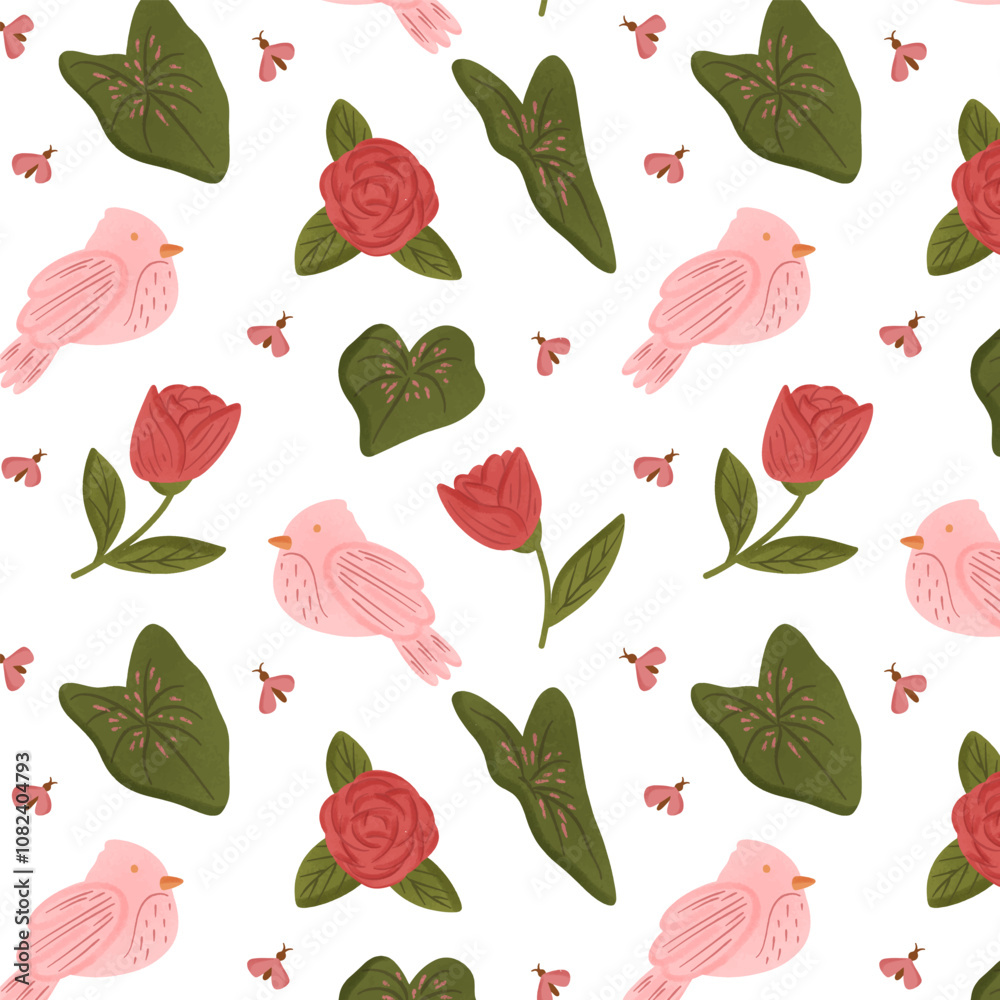 seamless repeat of pink bird, rose and caladium plant seamless repeat of pink bird, rose and caladium plant