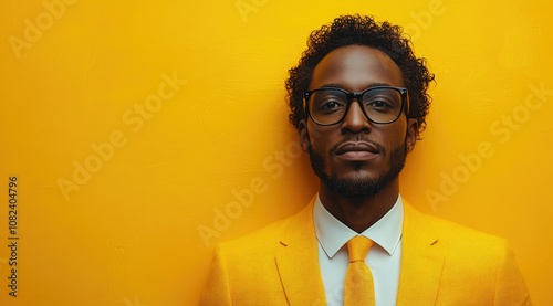 A young black man in a yellow suit and tie stands against a yellow background, looking directly at the camera.