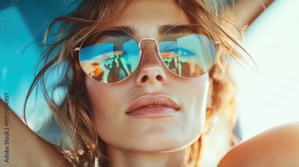 A serene and self-assured woman wears stylish reflective sunglasses, gazing into distance with a calm expression, capturing a moment of quiet confidence. A serene and self-assured woman wears stylish reflective sunglasses, gazing into distance with a calm expression, capturing a moment of quiet confidence.