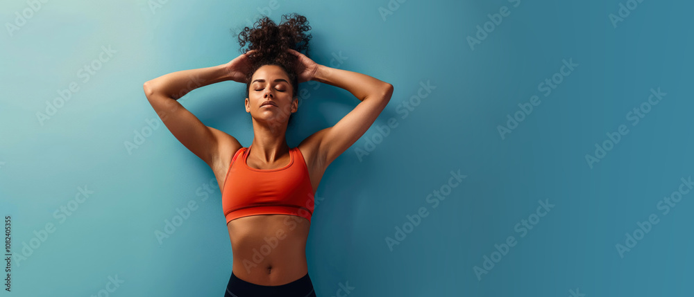 Fototapeta premium Close up of cute fit, athletic girl female, in sportswear on turquoise background. Fitness, workout concept. Body treatment. Generative ai