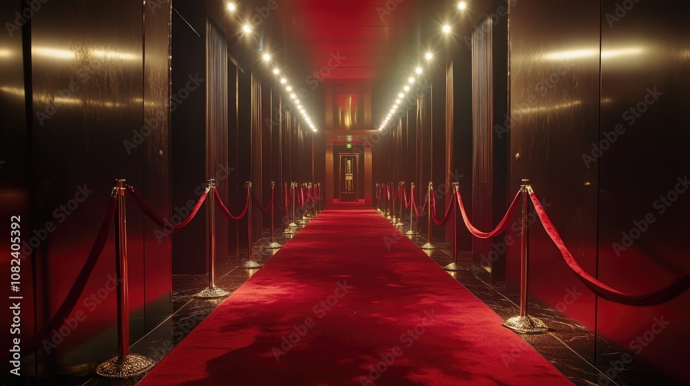 Elegant corridor with red carpet and velvet ropes, leading to luxurious doors, illuminated by soft lighting in a classy hotel setting Elegant corridor with red carpet and velvet ropes, leading to luxurious doors, illuminated by soft lighting in a classy hotel setting