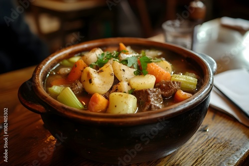 A soup tureen filled with hearty pot-au-feu, tender beef, and vibrant vegetables, set on a wooden table in a cozy, rustic French tavern photo