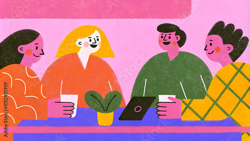 team working together, brainstorming, discussing ideas for project. People meeting at desk in office. illustration for co-working, teamwork, workspace concept