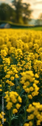 A field of yellow wildflowers blooms in the afternoon sun