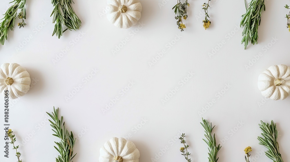 Minimalist autumn background with white pumpkins, dried leaves, and wheat on textured white backdrop