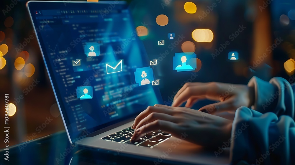 A person typing on a laptop with digital communication icons floating above, symbolizing online interaction. A person typing on a laptop with digital communication icons floating above, symbolizing online interaction.