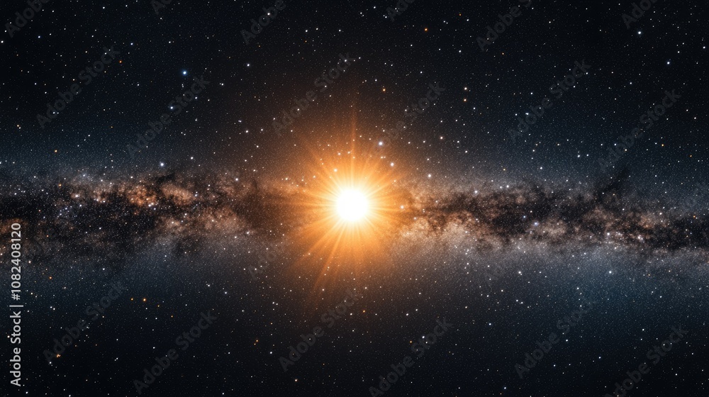 Breathtaking View of a Distant Galaxy Illuminated by a Bright Star with Sunburst Effect Amidst a Sea of Twinkling Stars in the Vast Universe Breathtaking View of a Distant Galaxy Illuminated by a Bright Star with Sunburst Effect Amidst a Sea of Twinkling Stars in the Vast Universe