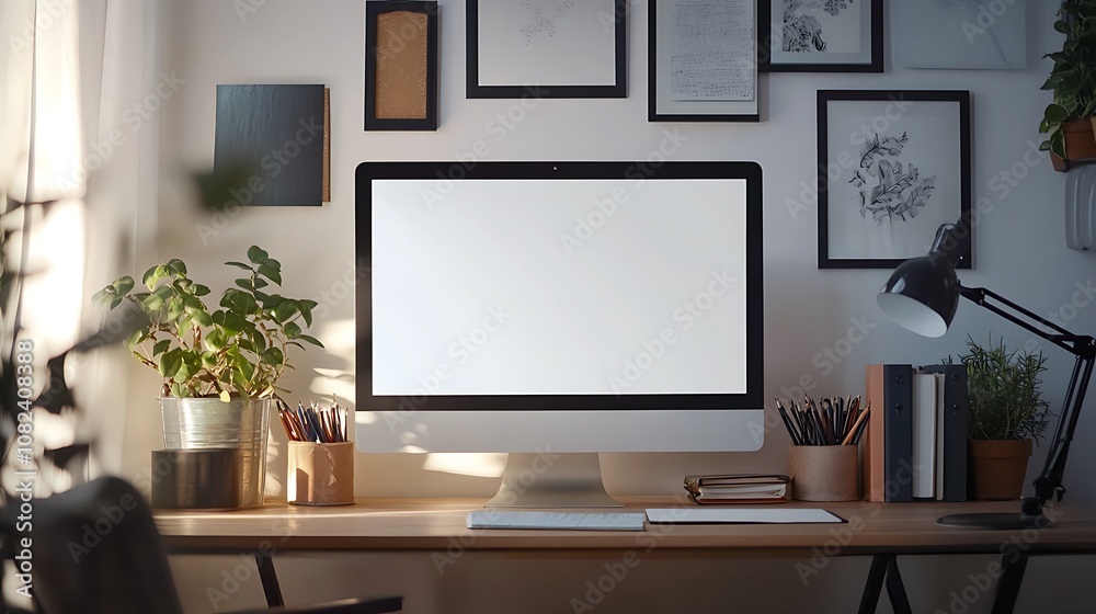 A minimalist workspace featuring a blank computer screen and decorative plants. A minimalist workspace featuring a blank computer screen and decorative plants.