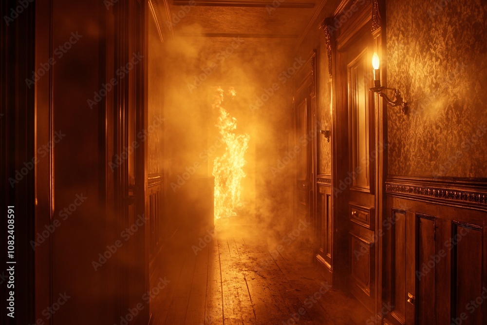 Entrance hallway of an old Victorian home, flames engulfing antique wooden walls, thick smoke, dim lighting, nighttime close-up view 1 Entrance hallway of an old Victorian home, flames engulfing antique wooden walls, thick smoke, dim lighting, nighttime close-up view 1
