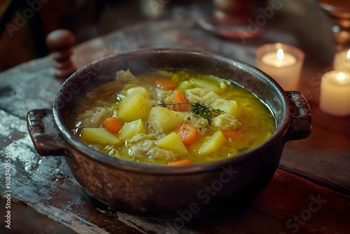 A tureen of cabbage soup, soupe au chou, with potatoes, carrots, and cabbage in a green broth on a wooden table in a cozy, rustic French tavern photo