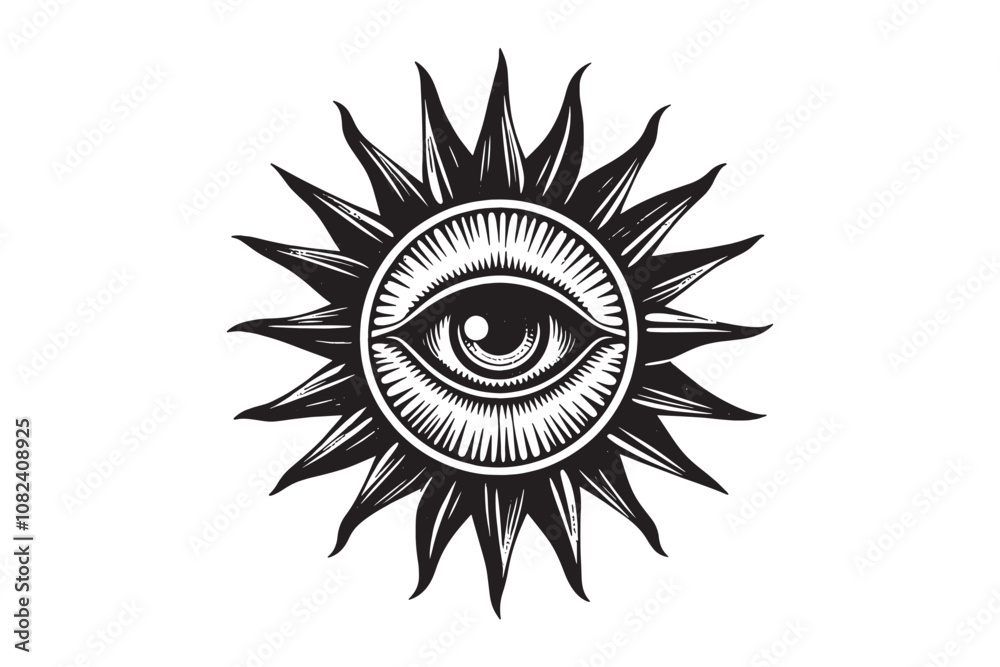 Sun with an eye. All-seeing eye. Isoteric, occult, magical vector illustration. vintage black engraving, emblem, logo. tattoo sketch, print Sun with an eye. All-seeing eye. Isoteric, occult, magical vector illustration. vintage black engraving, emblem, logo. tattoo sketch, print