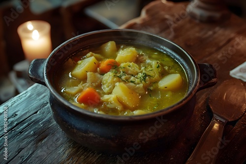 A tureen of cabbage soup, soupe au chou, with potatoes, carrots, and cabbage in a green broth on a wooden table in a cozy, rustic French tavern photo