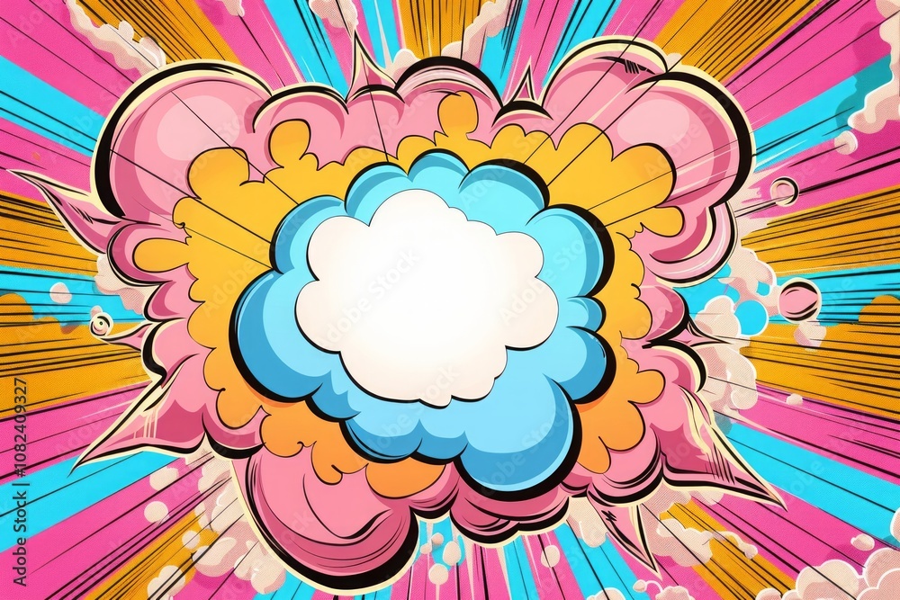 White comic-style cloud speech bubble with layered colorful clouds and radial burst background in pink, yellow, and blue. Generative AI White comic-style cloud speech bubble with layered colorful clouds and radial burst background in pink, yellow, and blue. Generative AI