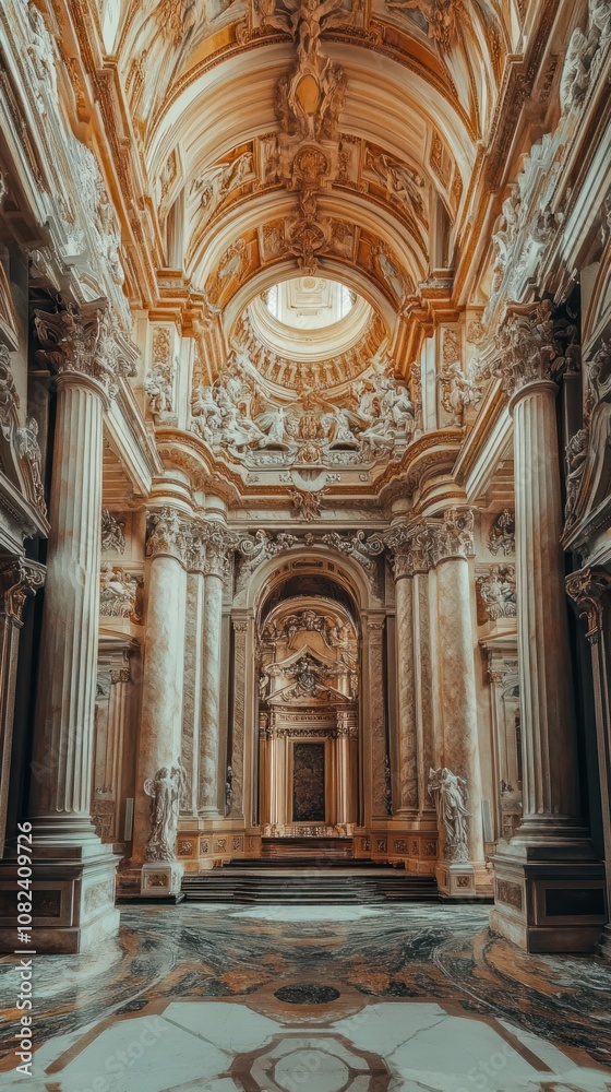 A grand interior of an ornate architectural space with detailed columns and sculptures. A grand interior of an ornate architectural space with detailed columns and sculptures.