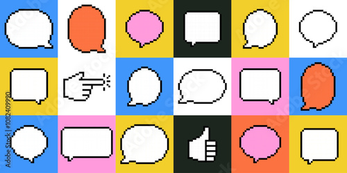 Speech bubble seamless pattern in pixel art. Y2k trendy poster. Bright pixelated shape for chat, text message, dialog, conversation frame. Retro game style dialogue box. Editable vector illustration