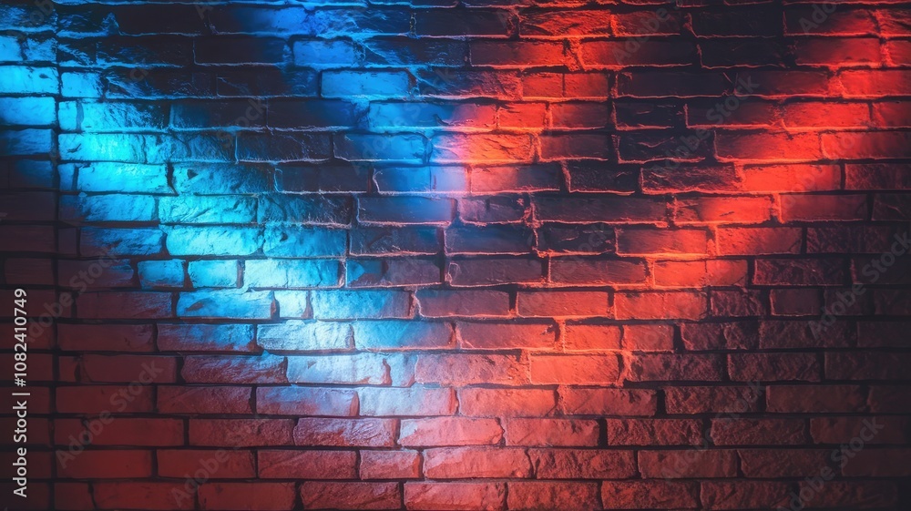 A Striking Brick Wall with Dramatic Blue and Red Lighting, Creating a Modern Urban Vibe. The Bold Contrast of Colors and Textures is Ideal for Nightclub Scenes, Creative Backgrounds A Striking Brick Wall with Dramatic Blue and Red Lighting, Creating a Modern Urban Vibe. The Bold Contrast of Colors and Textures is Ideal for Nightclub Scenes, Creative Backgrounds
