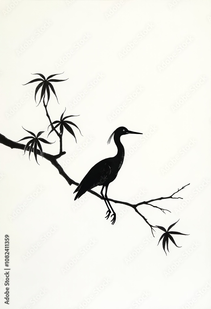 Obraz premium Elegant Heron Among Bamboo: A Minimalist Sumi-e Ink Painting on White Background 