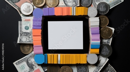 Blank white card surrounded by colorful paper strips and various coins and dollar bills on a black background. photo