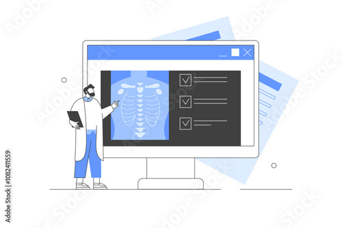 Lung disease. Doctor examining patient chest x-ray. Healthcare and medicine concept. Flat Cartoon Vector Illustration, icon. Stylish, Minimalist Abstract