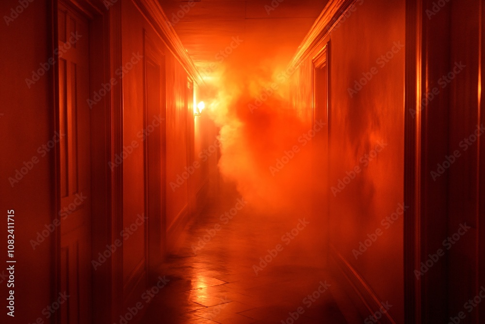 Dimly lit hallway in a house with roaring fire spreading along walls, thick smoke obscuring visibility, intense red glow, close-up perspective 2 Dimly lit hallway in a house with roaring fire spreading along walls, thick smoke obscuring visibility, intense red glow, close-up perspective 2