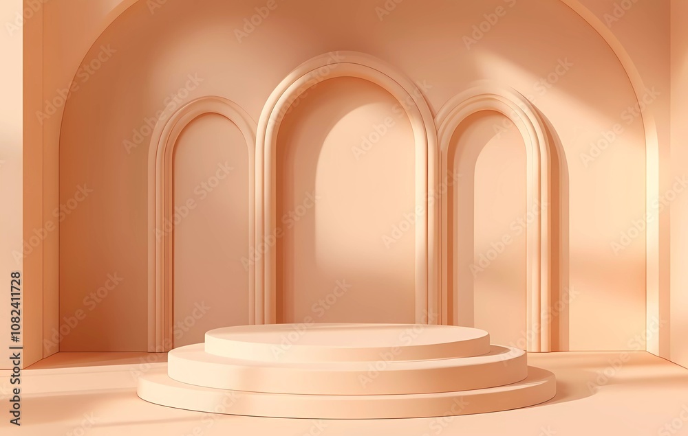 3D vector podium with Islamic elements for product presentation, Ramadan background, light peach color. 3D vector podium with Islamic elements for product presentation, Ramadan background, light peach color.