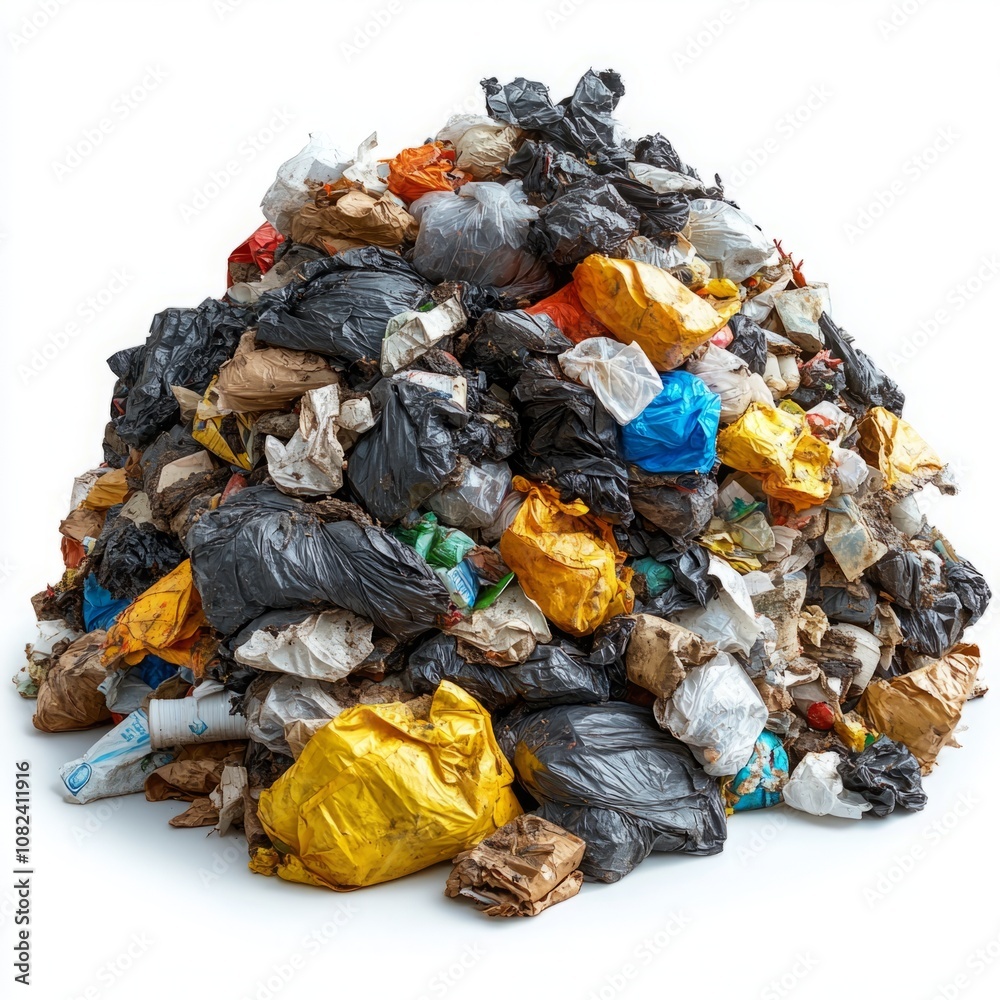 Pile of Garbage Isolated on White Background, Perfect for Environmental Concepts, Recycling, and Waste Management Pile of Garbage Isolated on White Background, Perfect for Environmental Concepts, Recycling, and Waste Management