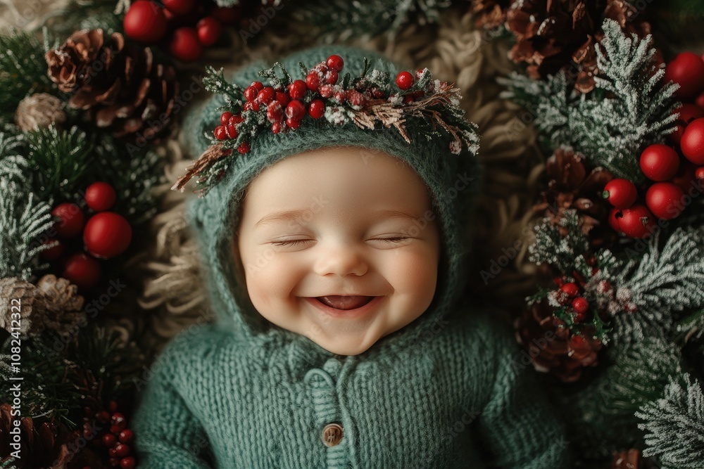 Smiling baby wearing christmas wreath lying on blanket Smiling baby wearing christmas wreath lying on blanket