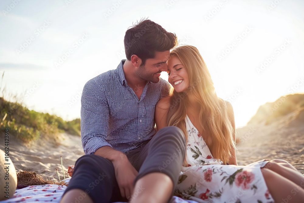 Happy Couple Relaxing on a Sandy Beach at Sunset, Sharing a Romantic Moment Outdoors. Happy Couple Relaxing on a Sandy Beach at Sunset, Sharing a Romantic Moment Outdoors.