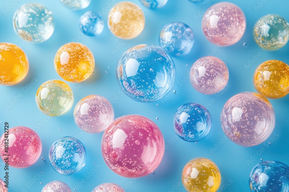 Colorful water beads creating an abstract pattern on blue background Colorful water beads creating an abstract pattern on blue background