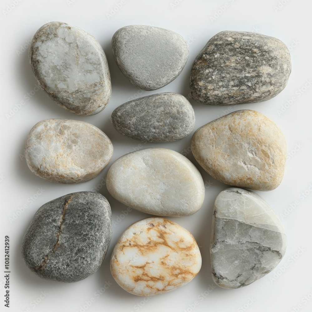 Scattered Smooth Stones Isolated on White Background, Natural Pebbles for Spa, Zen, and Decoration Concepts Scattered Smooth Stones Isolated on White Background, Natural Pebbles for Spa, Zen, and Decoration Concepts