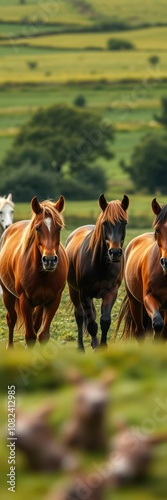 Three horses walk across a grassy field in the middle of the day