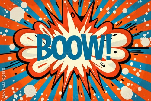 Comic-style explosion with 'BOOM!' text in blue, vibrant red and blue radial background. Pop art design for announcements and advertising with impact. Generative AI