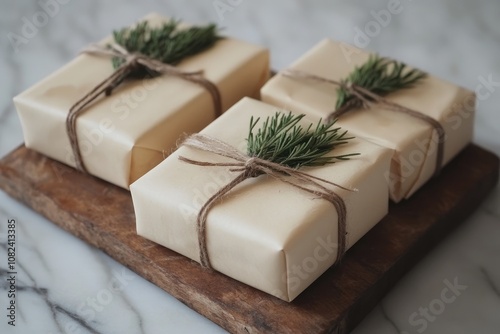 Christmas gifts wrapped in kraft paper lying on wooden board