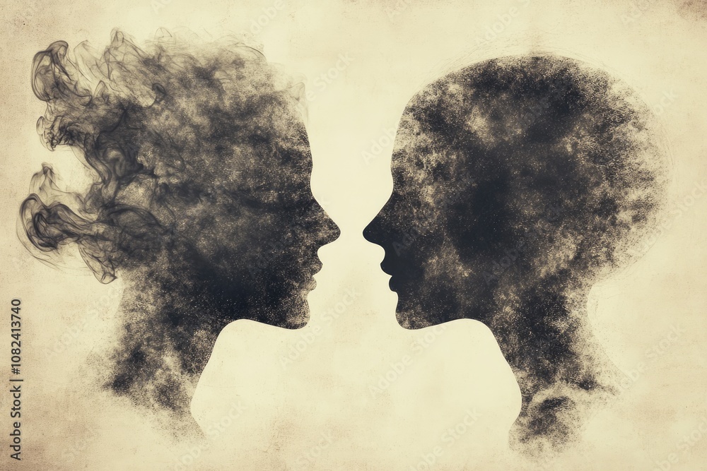 Two silhouettes facing each other, communicating nonverbally through smoke and dust Two silhouettes facing each other, communicating nonverbally through smoke and dust