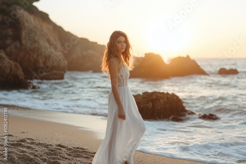 Model enjoying a beautiful sunset on a tropical beach