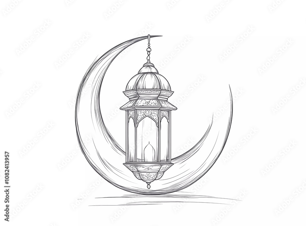 One-line drawing of a lantern and crescent moon for Ramadan Kareem. Simple design, vector illustration, white background One-line drawing of a lantern and crescent moon for Ramadan Kareem. Simple design, vector illustration, white background